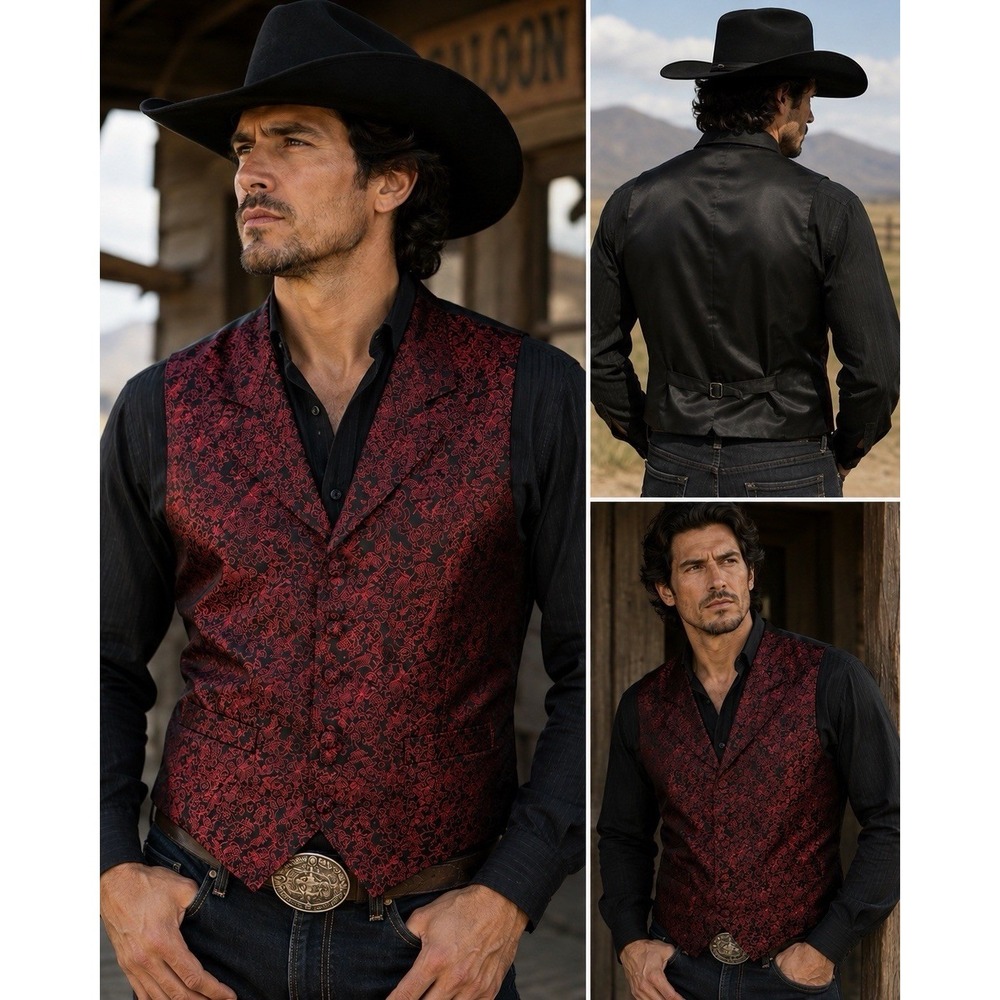 Scully Western Vest Men's XL Red Black Dragon Asian Jacquard Waistcoat Formal